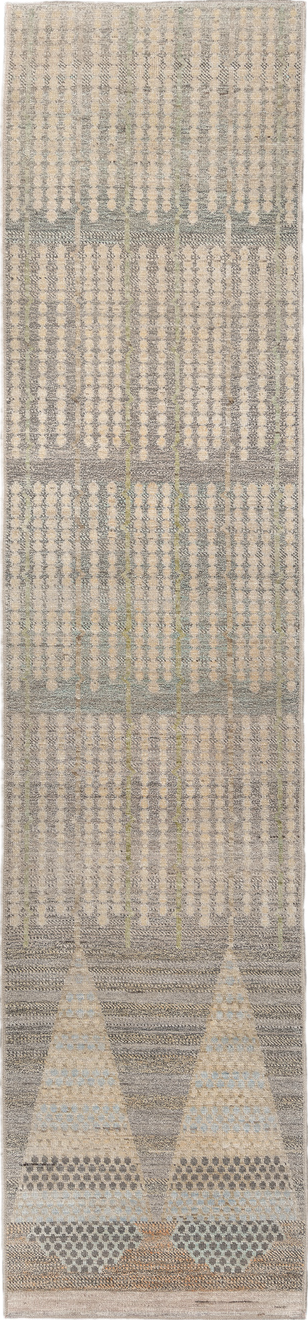 3' x 13' one-of-a-kind handmade vintage Tulu runner rug. Color palette: gray, off-white, light gray, brown, dim gray