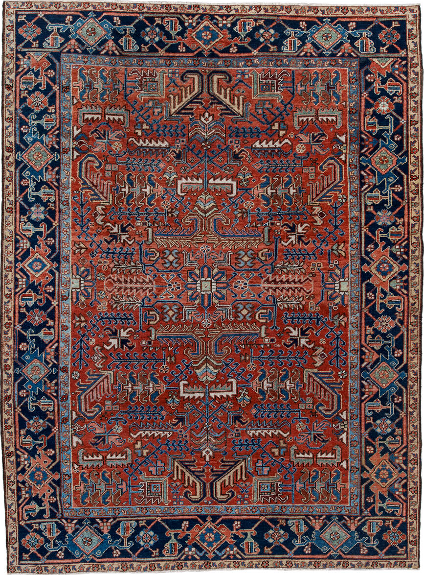 6' x 9' one-of-a-kind handmade vintage Heriz medium size rug. Color palette: arapawa, blue, brown, gainsboro, gray