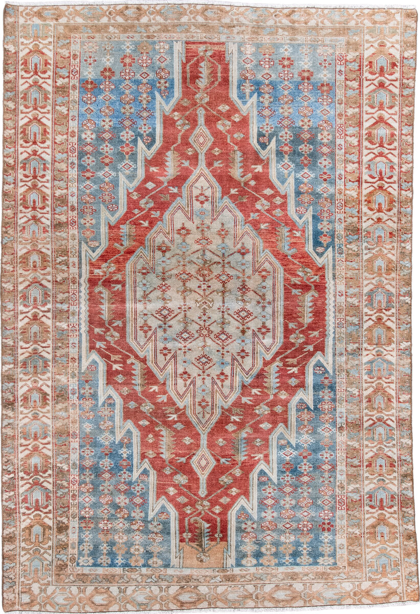 4' x 6' one-of-a-kind handmade vintage Malayer small size rug. Color palette: blue, brown, dark gray, gray, light blue