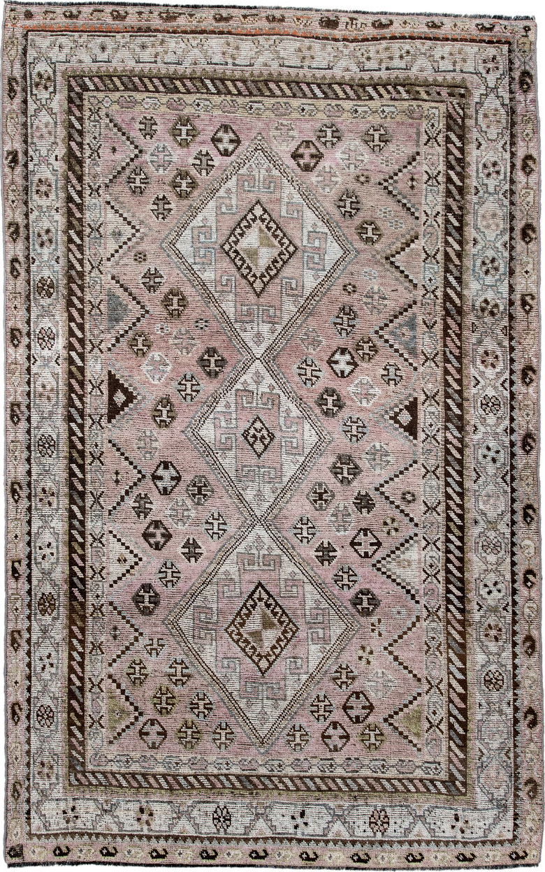4' x 7' one-of-a-kind handmade vintage Shiraz rug. Color palette: black, brown, dark gray, dim gray, gainsboro, gray