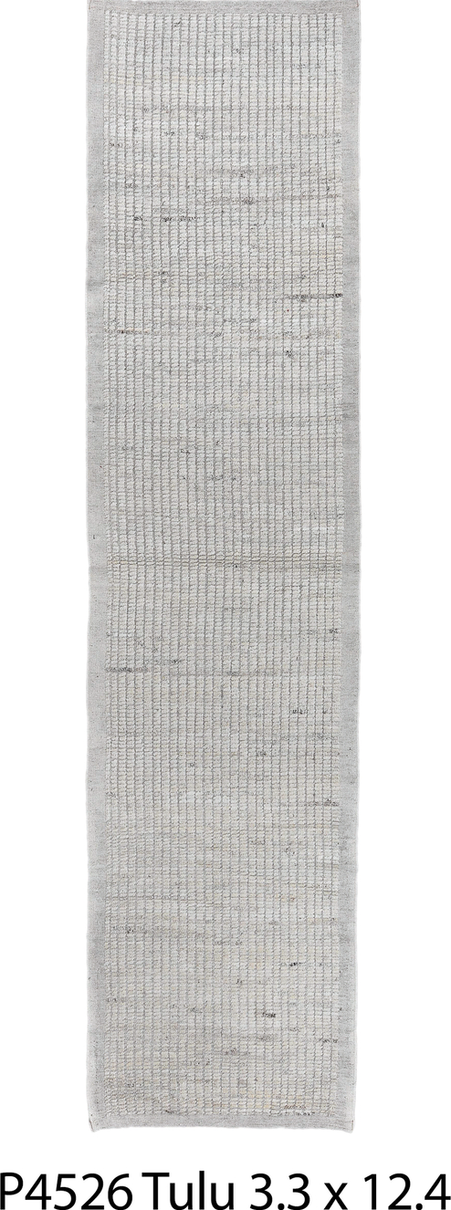 3' x 12' one-of-a-kind handmade vintage Tulu runner rug. Color palette: dark gray, gainsboro, gray, light gray, off-white
