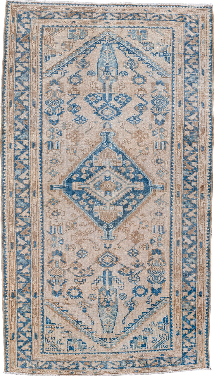 3' x 6' one-of-a-kind handmade vintage Hamadan small size rug. Color palette: arapawa, blue, brown, dark gray, dim gray