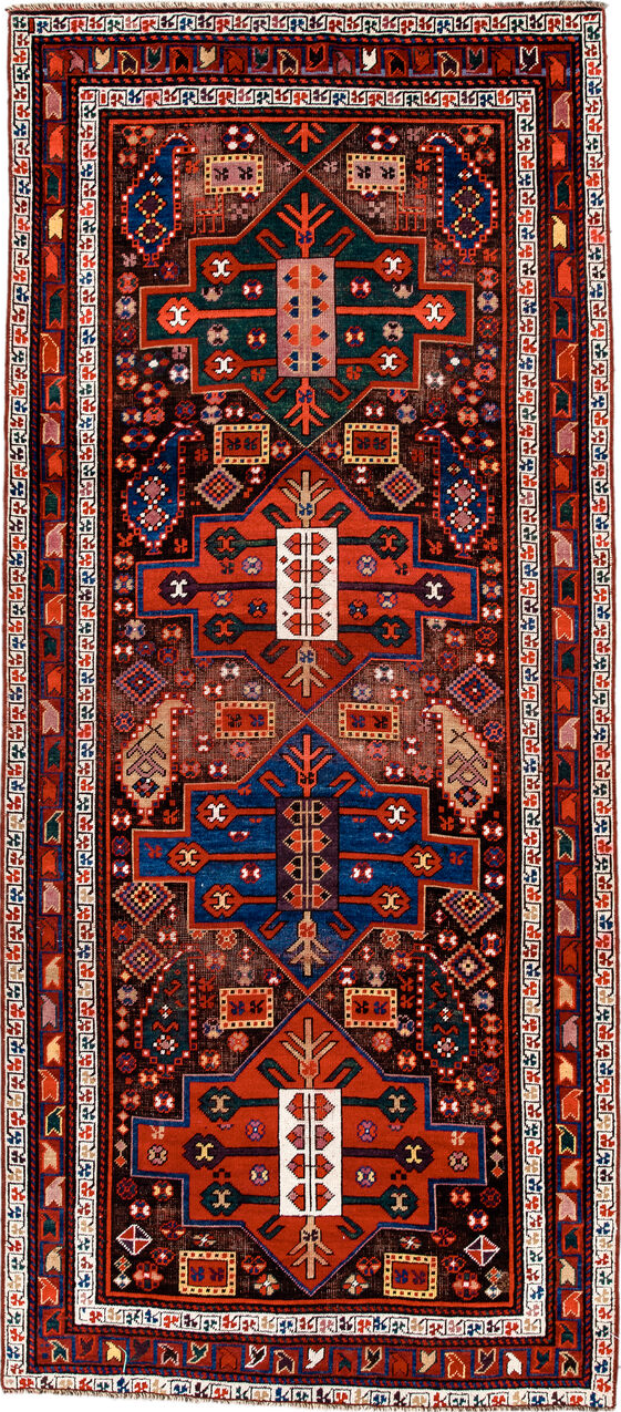 3' x 8' one-of-a-kind handmade vintage Caucasian runner rug. Color palette: brown, dark salmon, gray, light gray, linen