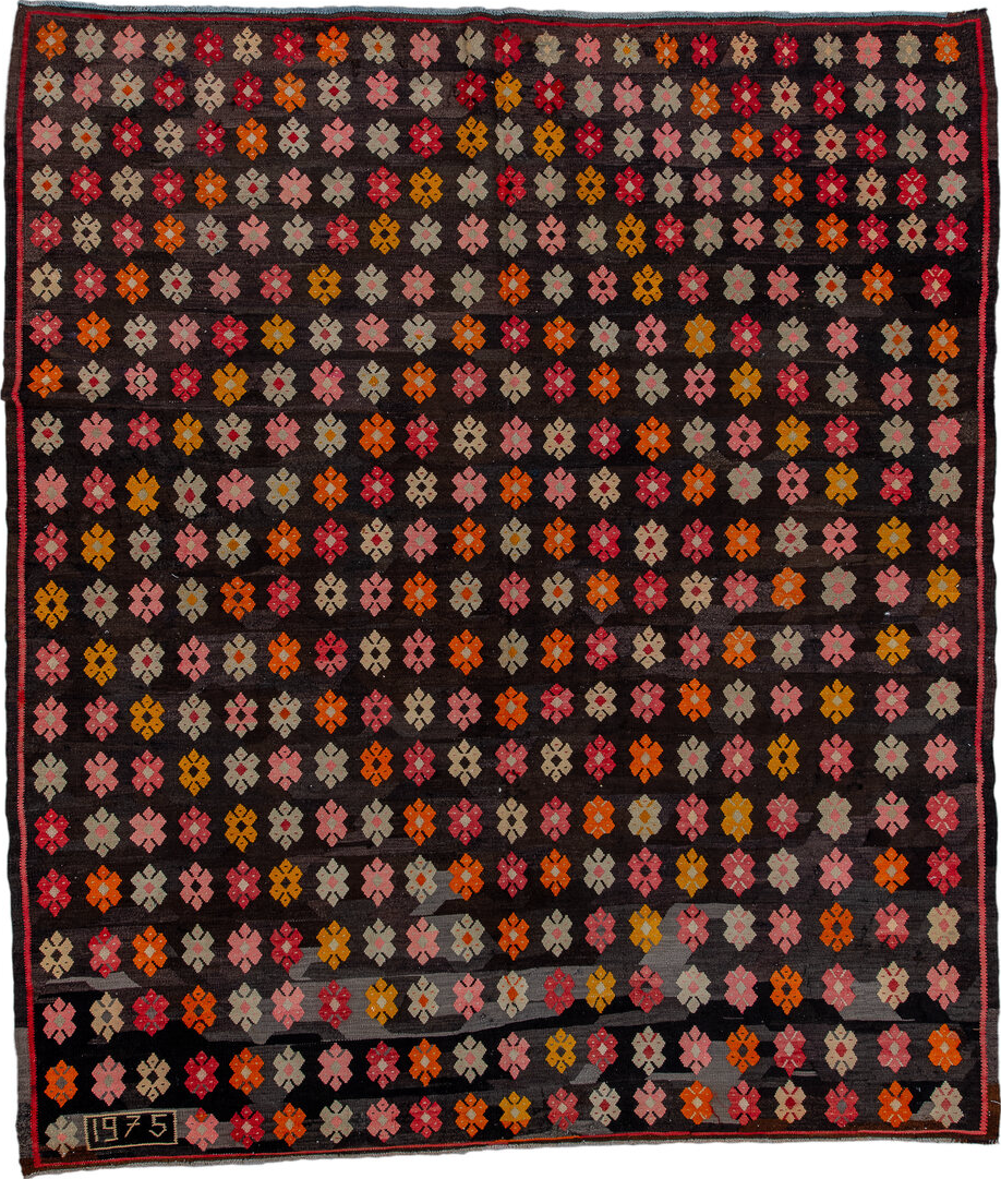 7' x 8' one-of-a-kind handmade vintage Kilim rug. Color palette: black, brown, charcoal, gray, light gray, orange, pink, red