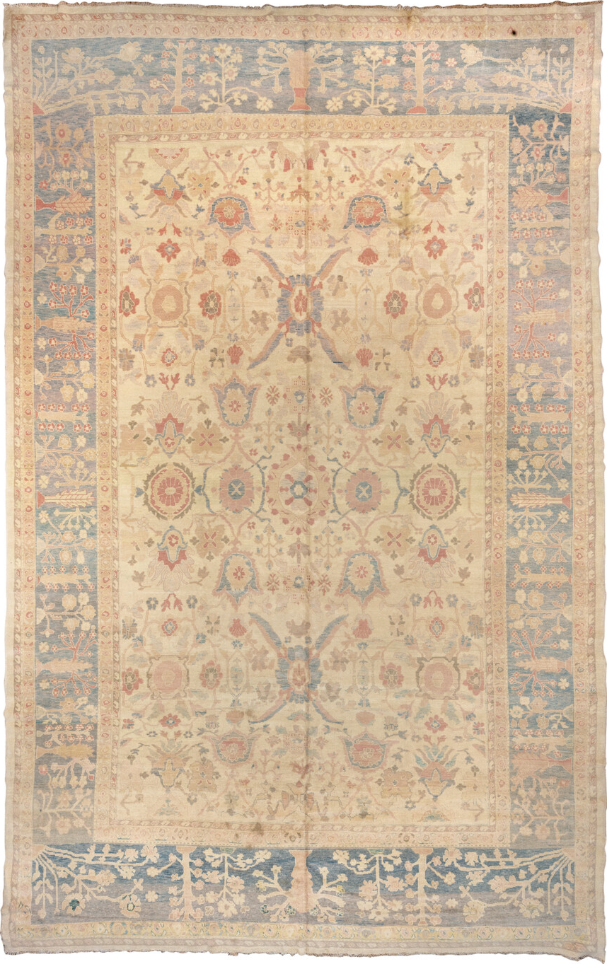 12' x 20' one-of-a-kind handmade vintage Sultanabad oversize rug. Color palette: bisque, blanched almond, brown, gray