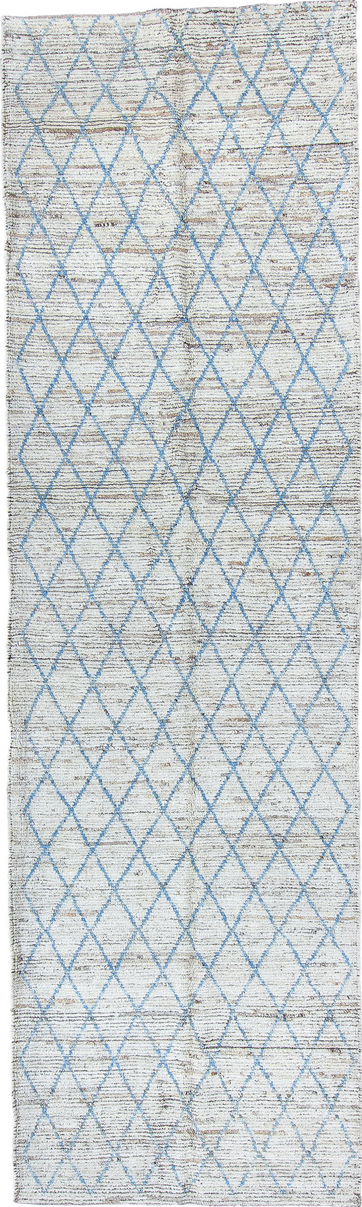 3' x 11' one-of-a-kind handmade vintage Tulu runner rug. Color palette: black, blue, dark gray, dim gray, gainsboro, gray