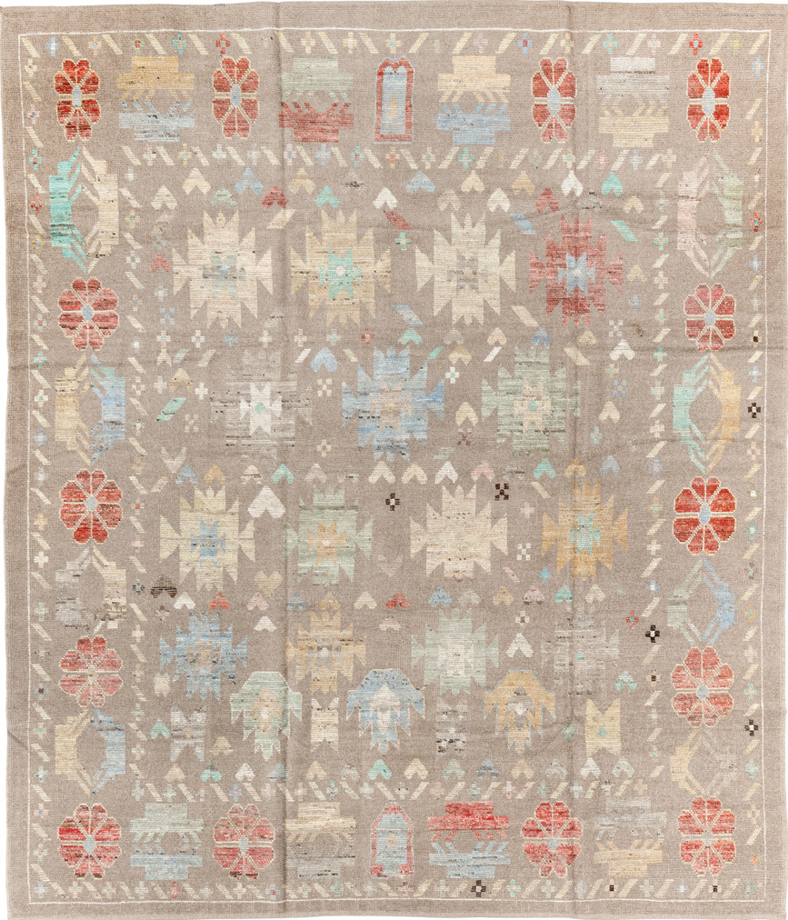 8' x 10' one-of-a-kind handmade vintage Tulu large size rug. Color palette: black, blue, brown, gray, light blue, light gray