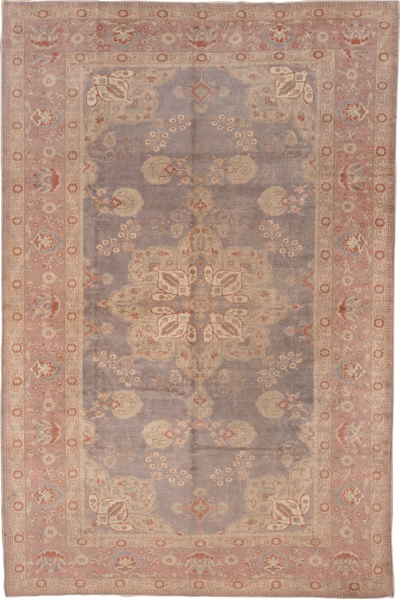 8' x 11' one-of-a-kind handmade vintage Oushak large size rug. Color palette: brown, gray, off-white, orange, pink, snow