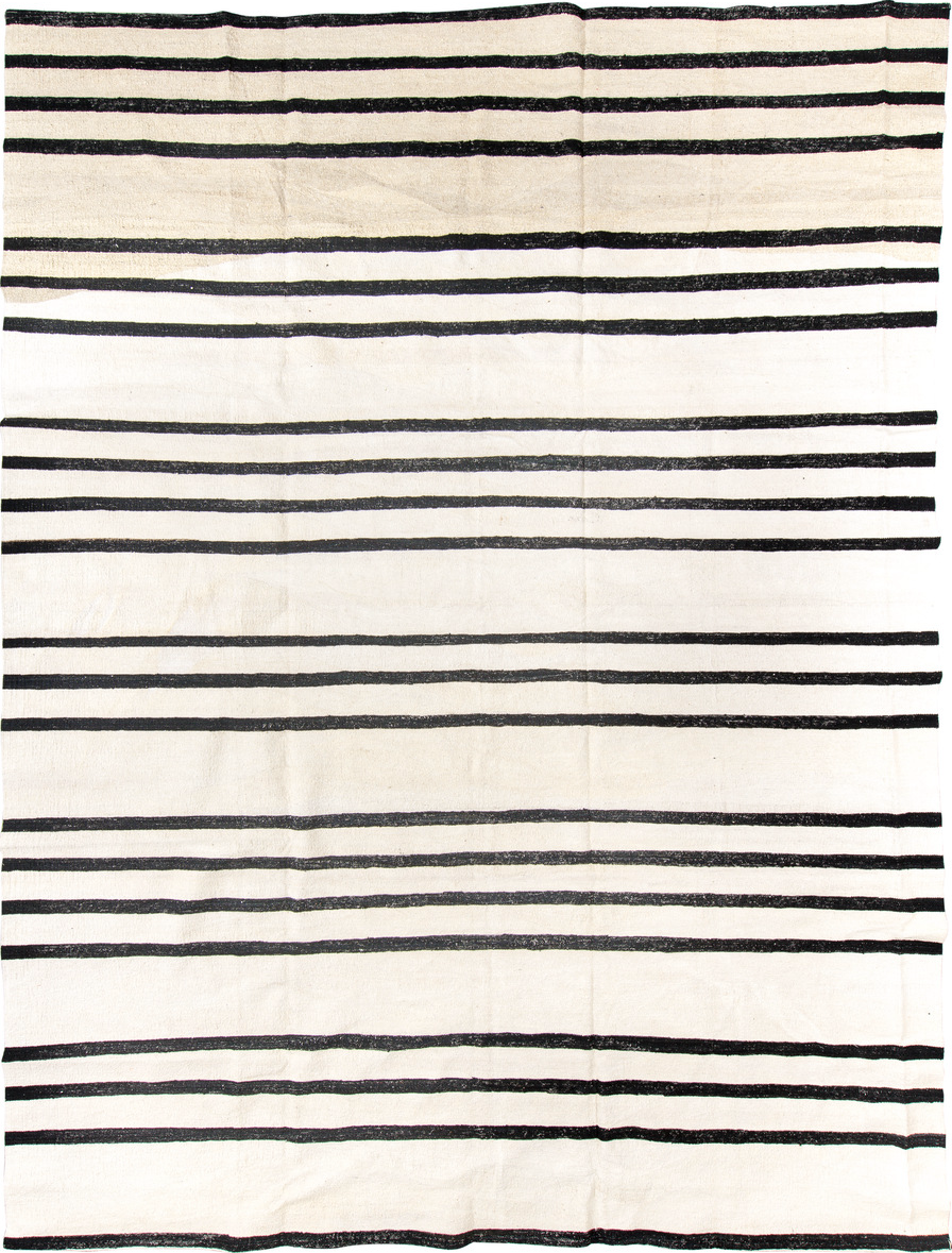 10' x 13' one-of-a-kind handmade vintage Kilim large size rug. Color palette: antiquewhite, black, blue, brown, charcoal