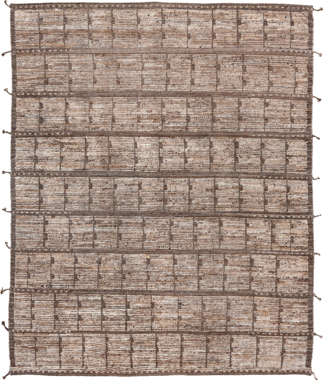 8' x 10' one-of-a-kind handmade vintage Tulu large size rug. Color palette: brown, gray, light gray, off-white, pink