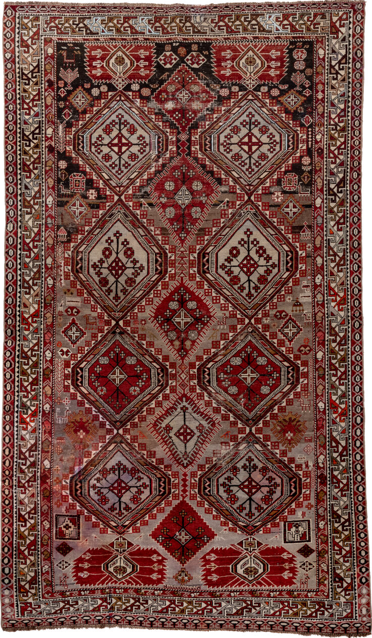 4' x 7' one-of-a-kind handmade vintage Shirvan rug. Color palette: brown, gray, pink