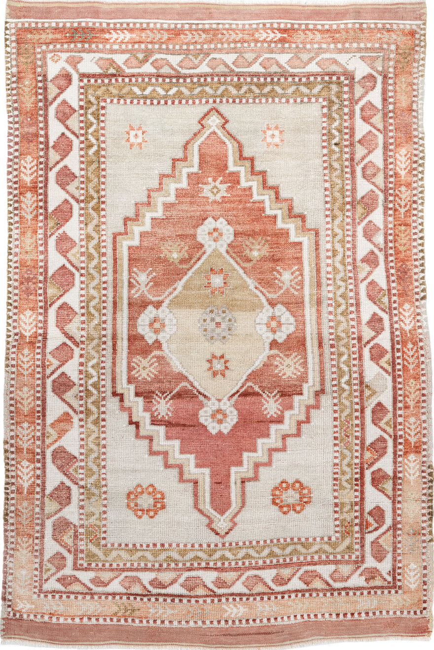 3' x 4' one-of-a-kind handmade vintage Anatol small size rug. Color palette: brown, dark salmon, gainsboro, gray, light gray