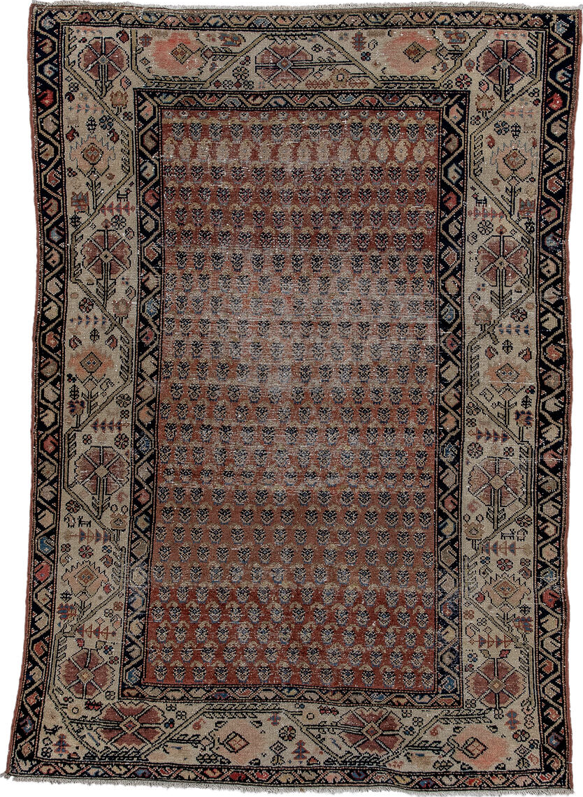 4' x 6' one-of-a-kind handmade vintage Malayer small size rug. Color palette: blue, brown, gainsboro, gray, light gray