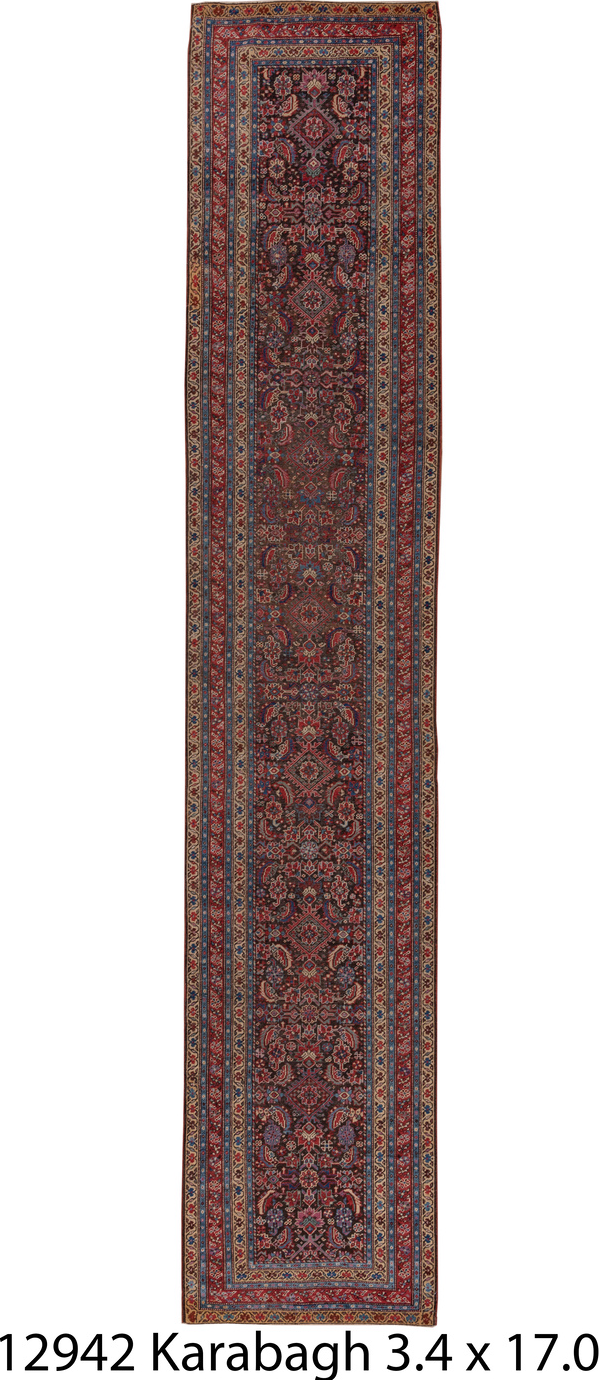 3' x 17' one-of-a-kind handmade vintage Karabagh runner rug. Color palette: black, blue, brown, gray, pink, red