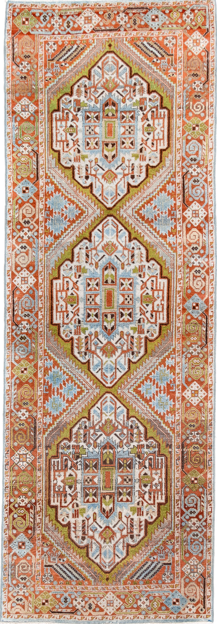 2' x 6' one-of-a-kind handmade vintage Afshar runner rug. Color palette: brown, dark gray, gray, light blue, light gray