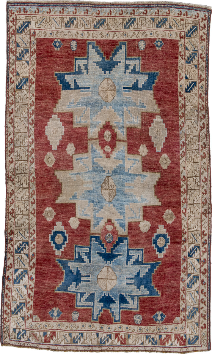 3' x 5' one-of-a-kind handmade vintage Kazak small size rug. Color palette: blue, brown, dark gray, gray, light gray, red