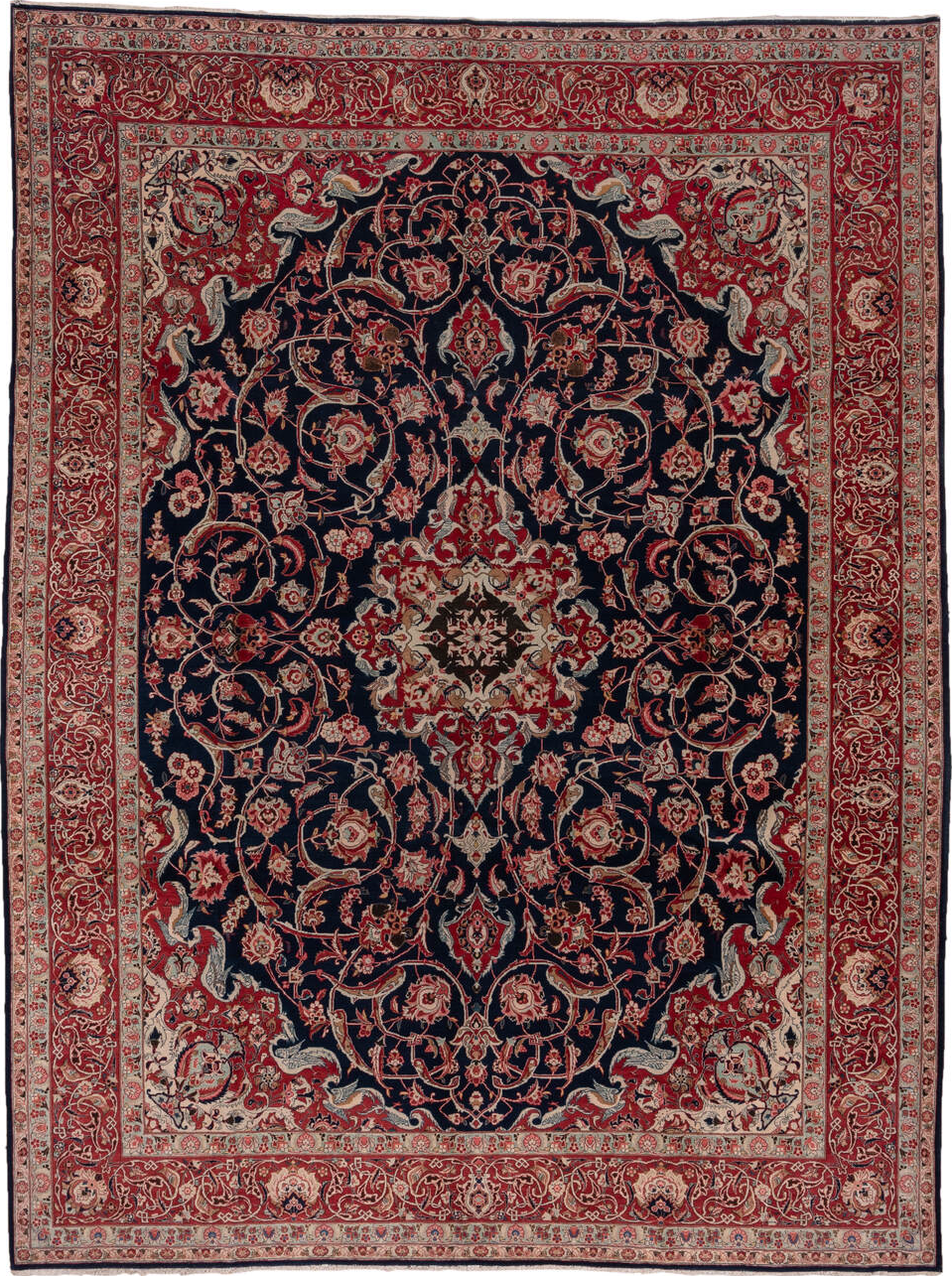 9' x 11' one-of-a-kind handmade vintage Kashan large size rug. Color palette: brown, dim gray, gray, light gray, off-white