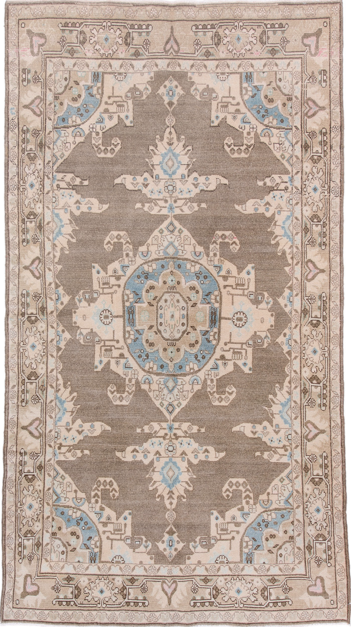 4' x 8' one-of-a-kind handmade vintage Hamadan rug. Color palette: brown, dark gray, gray, light blue, light gray, off-white