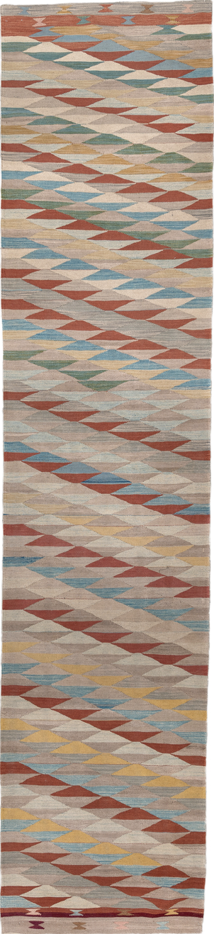2' x 12' one-of-a-kind handmade vintage Kilim runner rug. Color palette: blue, brown, dark gray, gray, light gray, off-white