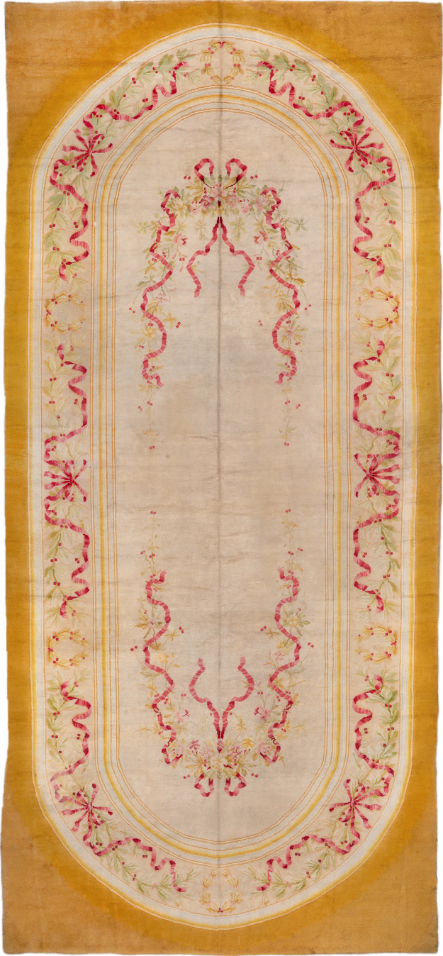 12' x 28' one-of-a-kind handmade vintage Savonnerie oversize rug. Color palette: brown, gray, light gray, off-white, orange