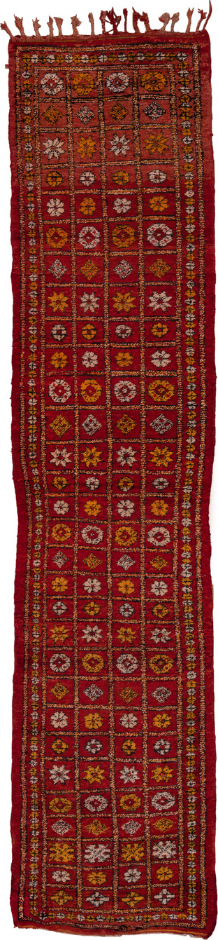 3' x 16' one-of-a-kind handmade vintage Moroccan runner rug. Color palette: brown, gray, pink, red, sienna
