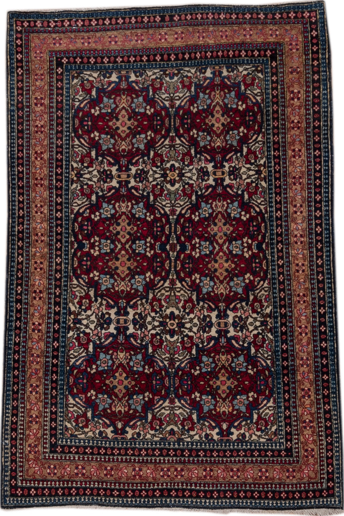 3' x 4' one-of-a-kind handmade vintage Isfahan small size rug. Color palette: black, blue, brown, charcoal, dim gray, gray