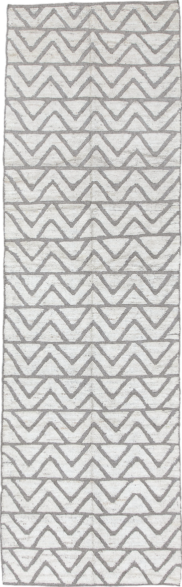 3' x 9' one-of-a-kind handmade vintage Tulu runner rug. Color palette: dark gray, dim gray, gainsboro, gray, light blue