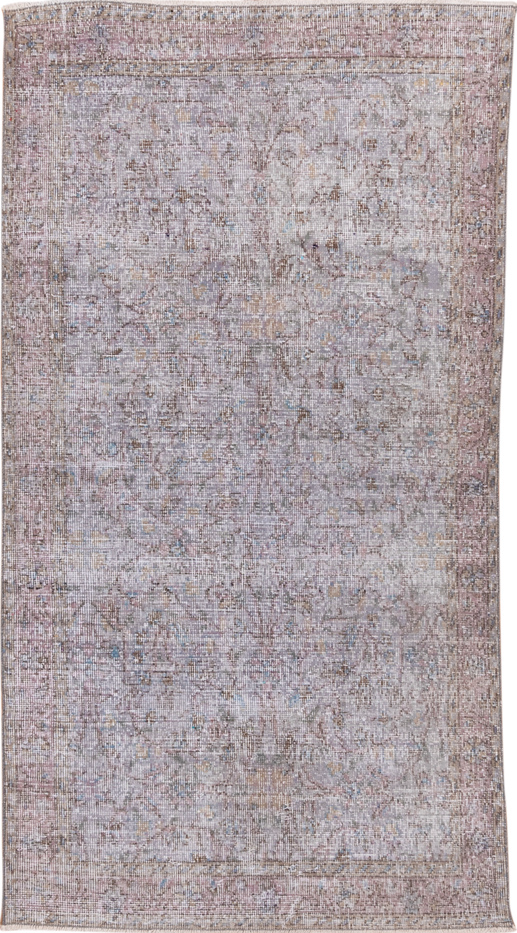 3' x 7' one-of-a-kind handmade vintage Overdyed rug. Color palette: dim gray, gray, light gray, off-white, silver