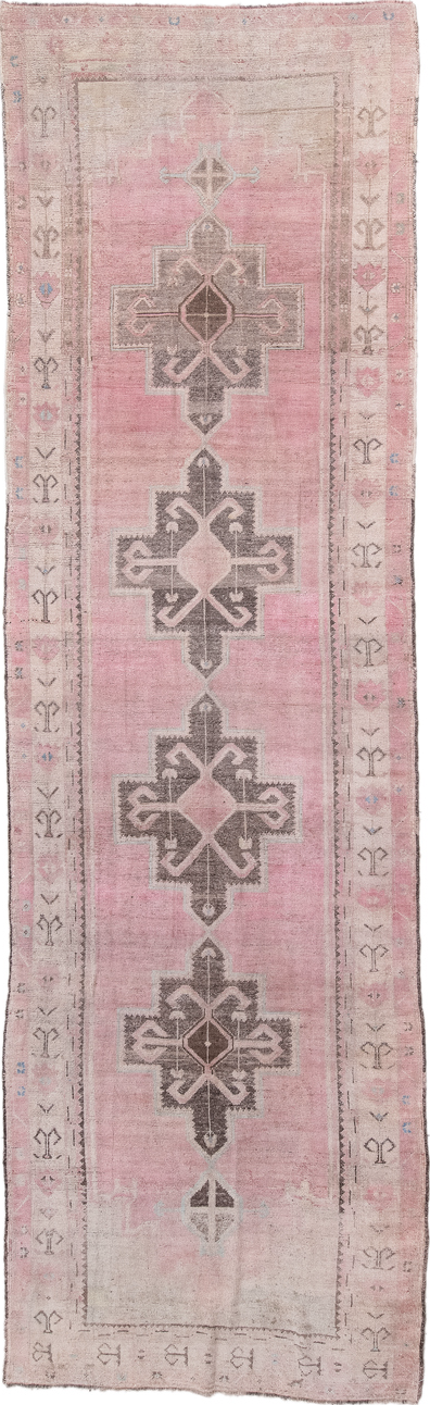 4' x 13' one-of-a-kind handmade vintage Oushak runner rug. Color palette: gray, light gray, off-white, pink, rosy brown