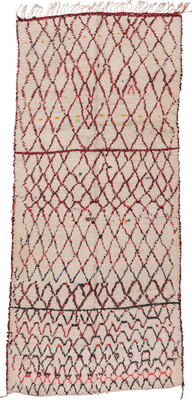 5' x 11' one-of-a-kind handmade vintage Moroccan rug. Color palette: brown, gray, light gray, off-white, pink, red, redwood