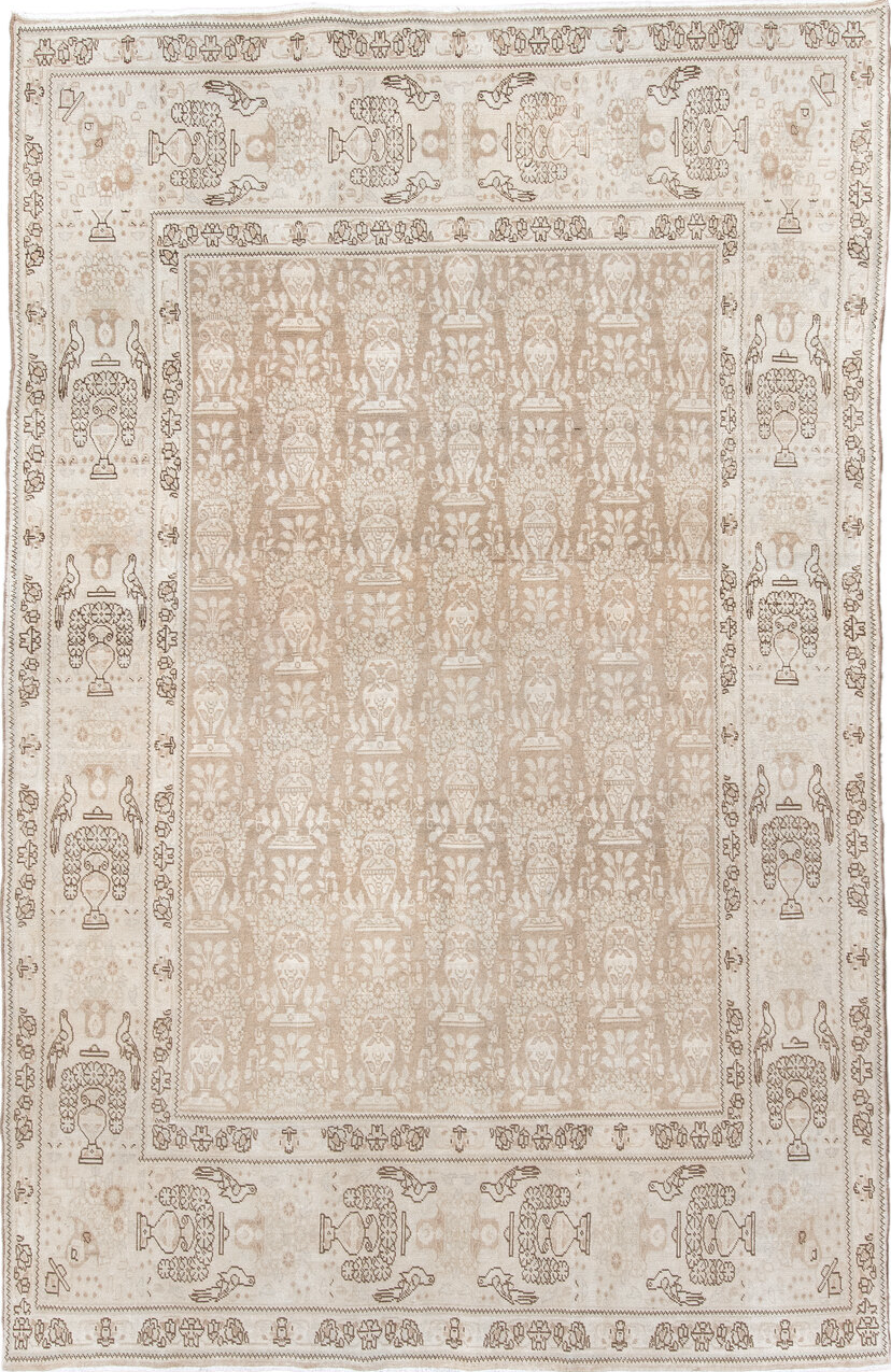 6' x 9' one-of-a-kind handmade vintage Tabriz medium size rug. Color palette: antiquewhite, brown, gray, light gray, linen