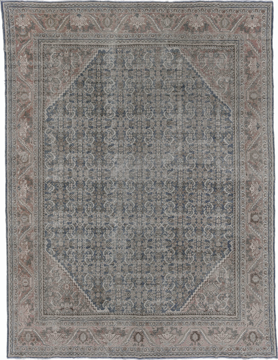 10' x 13' one-of-a-kind handmade vintage Mahal large size rug. Color palette: black, blue, charcoal, dark gray, dim gray