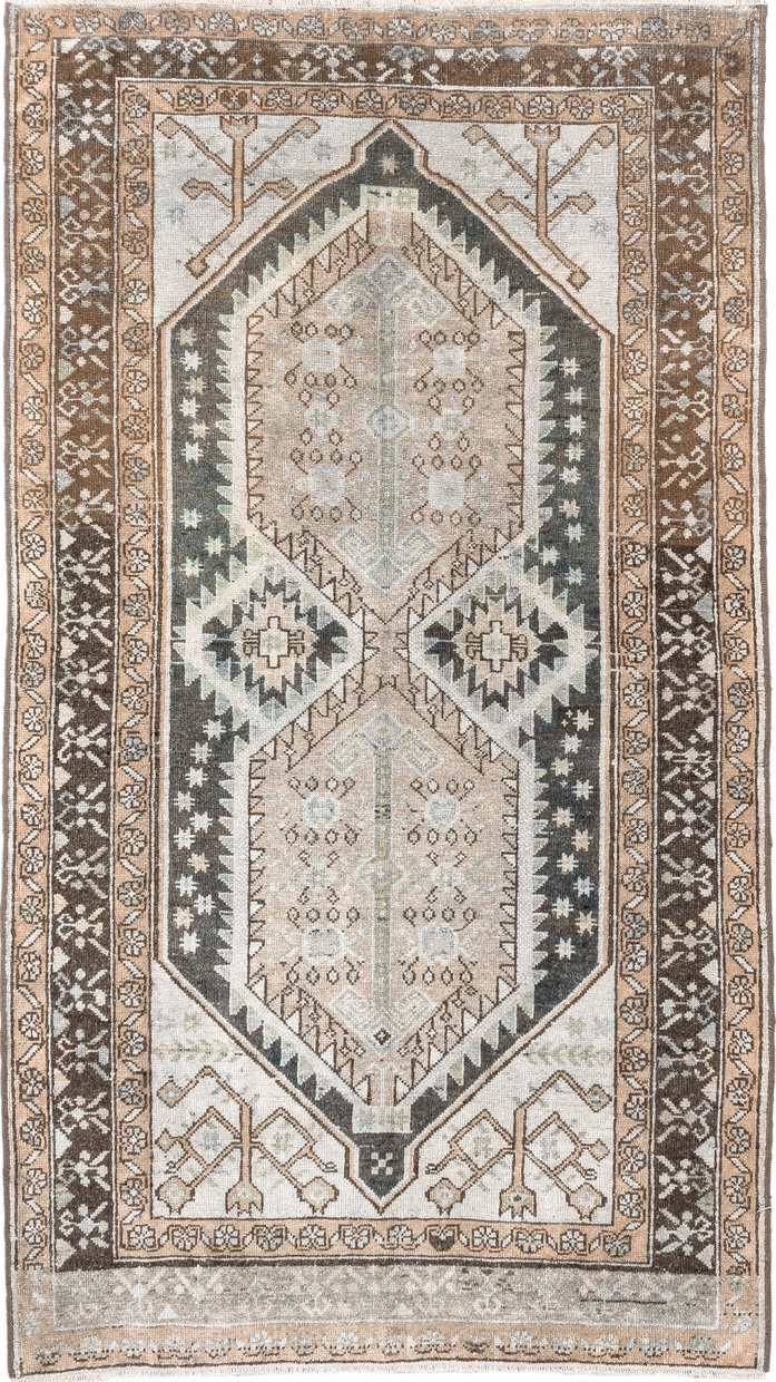 3' x 5' one-of-a-kind handmade vintage Anatol small size rug. Color palette: black, brown, gainsboro, gray, light gray