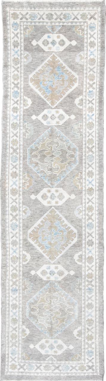 3' x 10' one-of-a-kind handmade vintage runner rug. Color palette: dark gray, gainsboro, gray, light blue, light gray