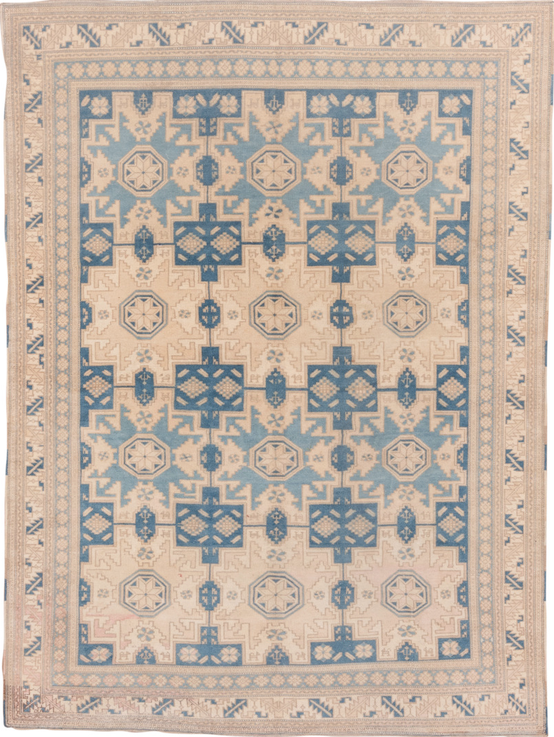 6' x 8' one-of-a-kind handmade vintage Oushak medium size rug. Color palette: blue, brown, dark gray, gray, light slate gray