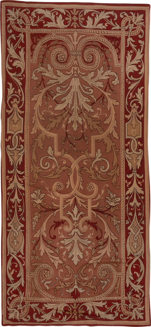 5' x 10' one-of-a-kind handmade vintage Aubusson runner rug. Color palette: brown, gray, pink, red
