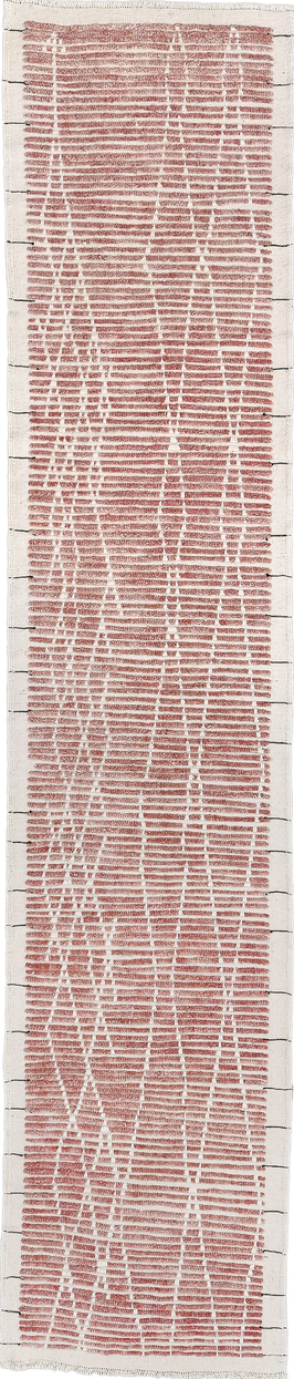 2' x 12' one-of-a-kind handmade vintage Tulu runner rug. Color palette: brown, gray, light gray, off-white, pink, red