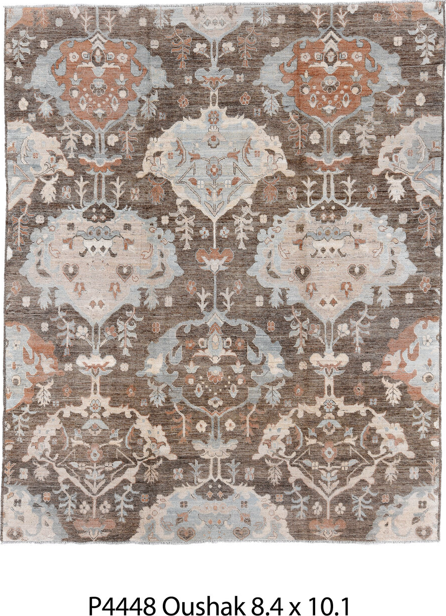 8' x 10' one-of-a-kind handmade vintage Oushak large size rug. Color palette: black, brown, dark gray, dim gray, gray