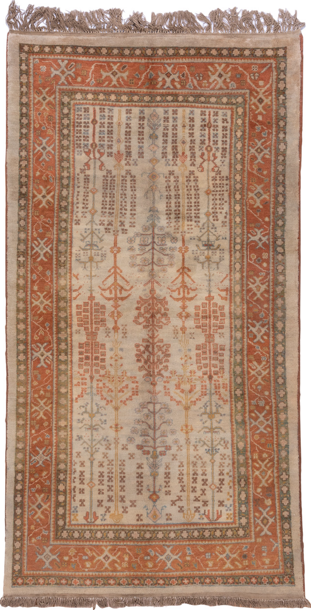 4' x 9' one-of-a-kind handmade vintage Sultanabad rug. Color palette: brown, gray, light gray, off-white, orange, pink