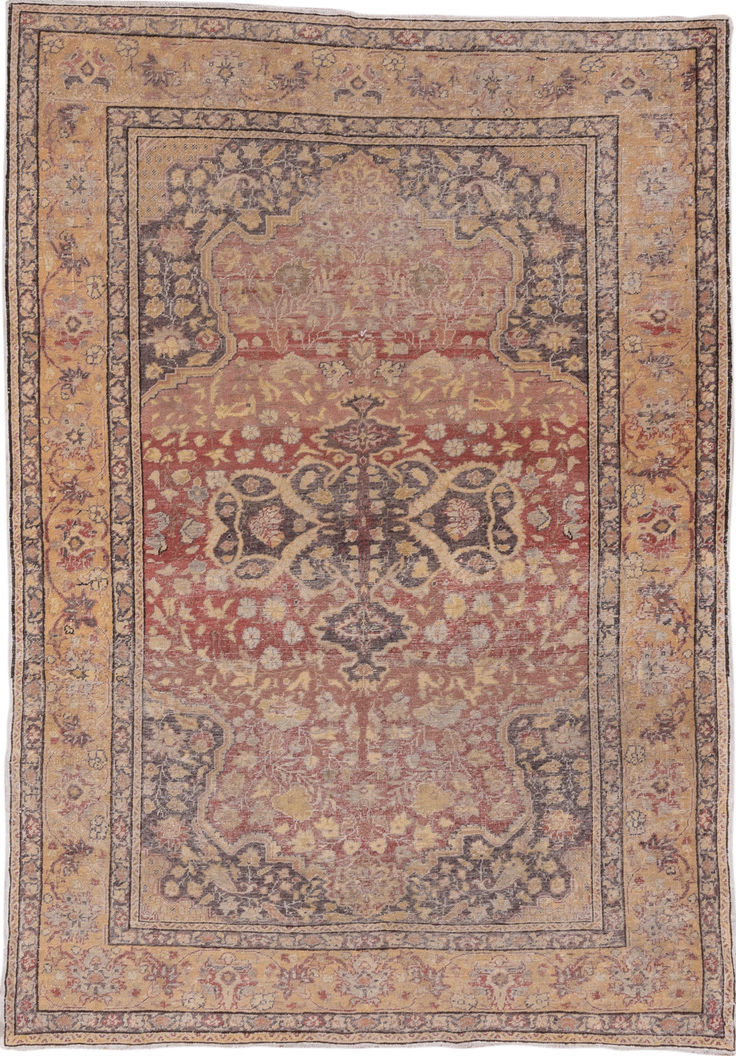5' x 7' one-of-a-kind handmade vintage Oushak rug. Color palette: brown, gray, light gray, off-white, orange, pink, red