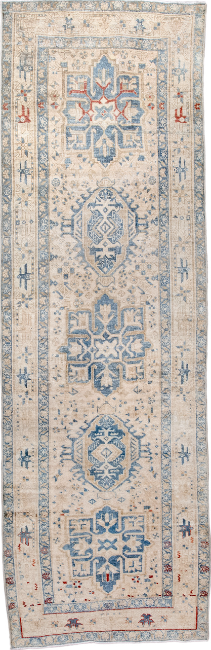 3' x 9' one-of-a-kind handmade vintage Heriz runner rug. Color palette: black, blue, charcoal, gray, light gray, off-white