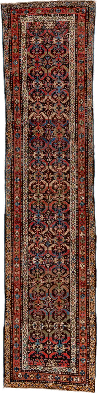2' x 12' one-of-a-kind handmade vintage NW Persian runner rug. Color palette: brown, gray, orange, red