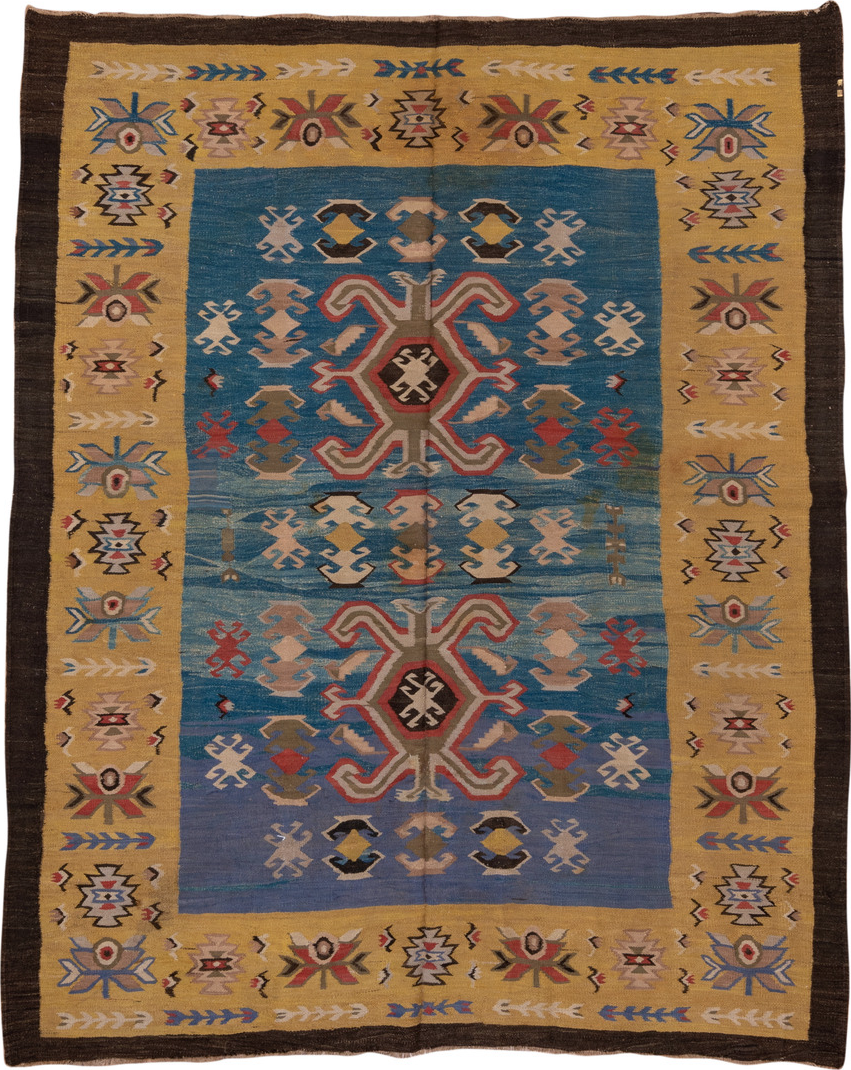 6' x 8' one-of-a-kind handmade vintage Besserabian medium size rug. Color palette: gray, brown, off-white, pink, blue