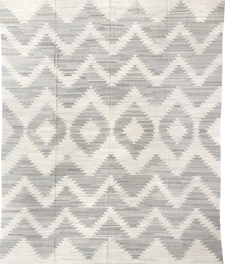 13' x 16' one-of-a-kind handmade vintage Kilim oversize rug. Color palette: dark gray, dim gray, floral white, gainsboro