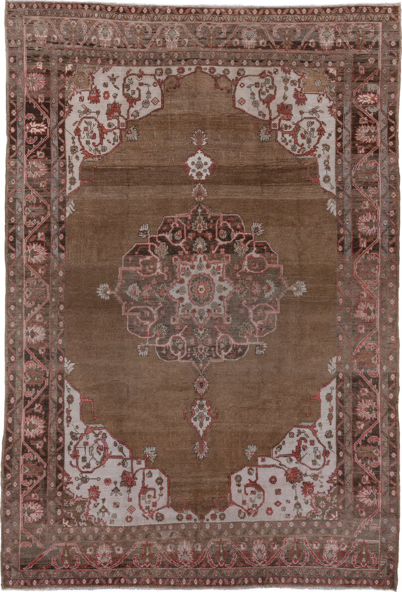 8' x 12' one-of-a-kind handmade vintage Oushak large size rug. Color palette: brown, gray, light gray, off-white, pink, red