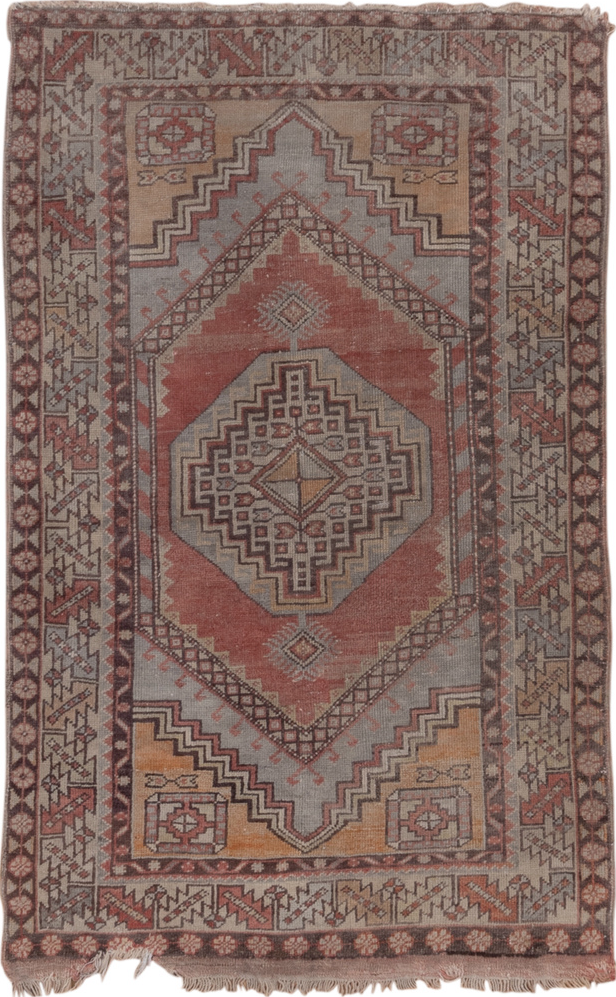 3' x 5' one-of-a-kind handmade vintage Oushak small size rug. Color palette: brown, gray, light gray, off-white, pink, red
