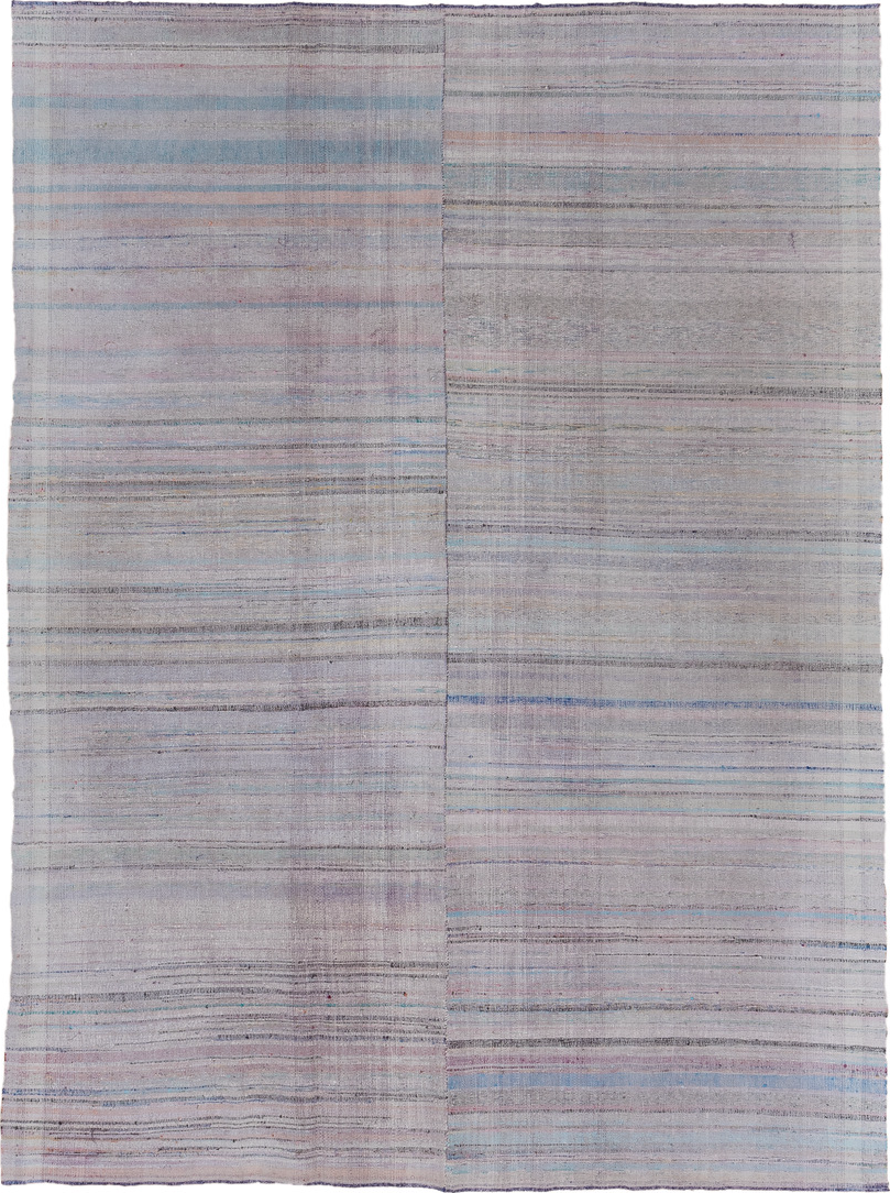 6' x 9' one-of-a-kind handmade vintage Rag Rug medium size rug. Color palette: blue, dark gray, gray, light blue, light gray