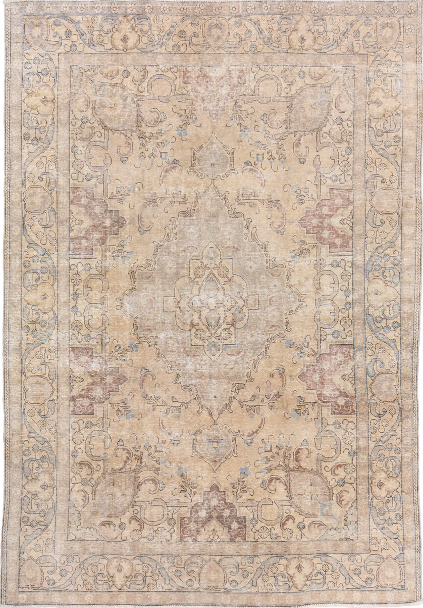 8' x 11' one-of-a-kind handmade vintage Tabriz large size rug. Color palette: antiquewhite, brown, gray, light gray