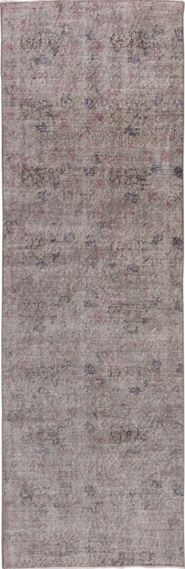 2' x 8' one-of-a-kind handmade vintage Overdyed runner rug. Color palette: dark gray, dim gray, gray, light gray, off-white