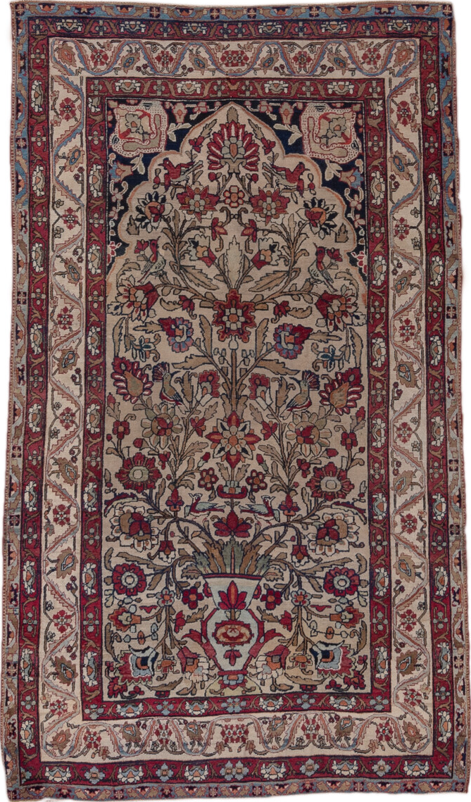 4' x 6' one-of-a-kind handmade vintage Lavar small size rug. Color palette: black, brown, charcoal, gray, off-white, pink